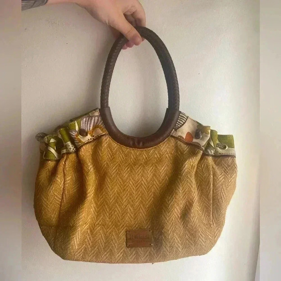 Relic Raffia Tote Bag Boho Beachy Shoulder Bag Round Woven Handle Floral Trim - Picture 1 of 12